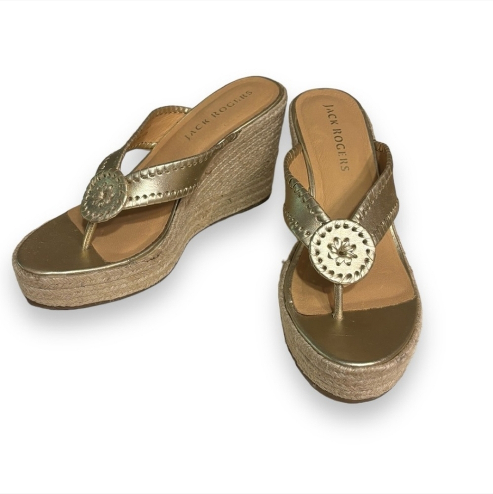 JACK ROGERS Rowan Leather Wedge Espadrilles Gold